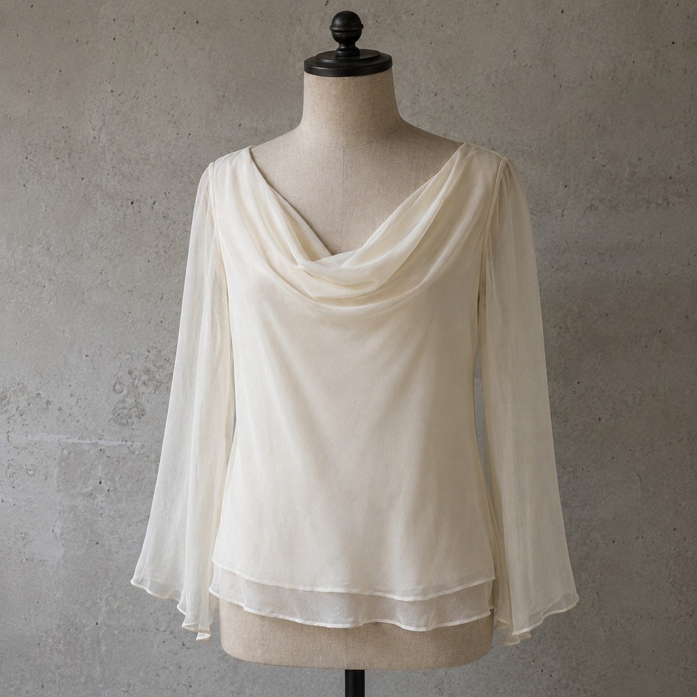 Vintage Silk Blouse 16 Cream Sheer Ethereal Bell Sleeve Fairycore Draped Cowl